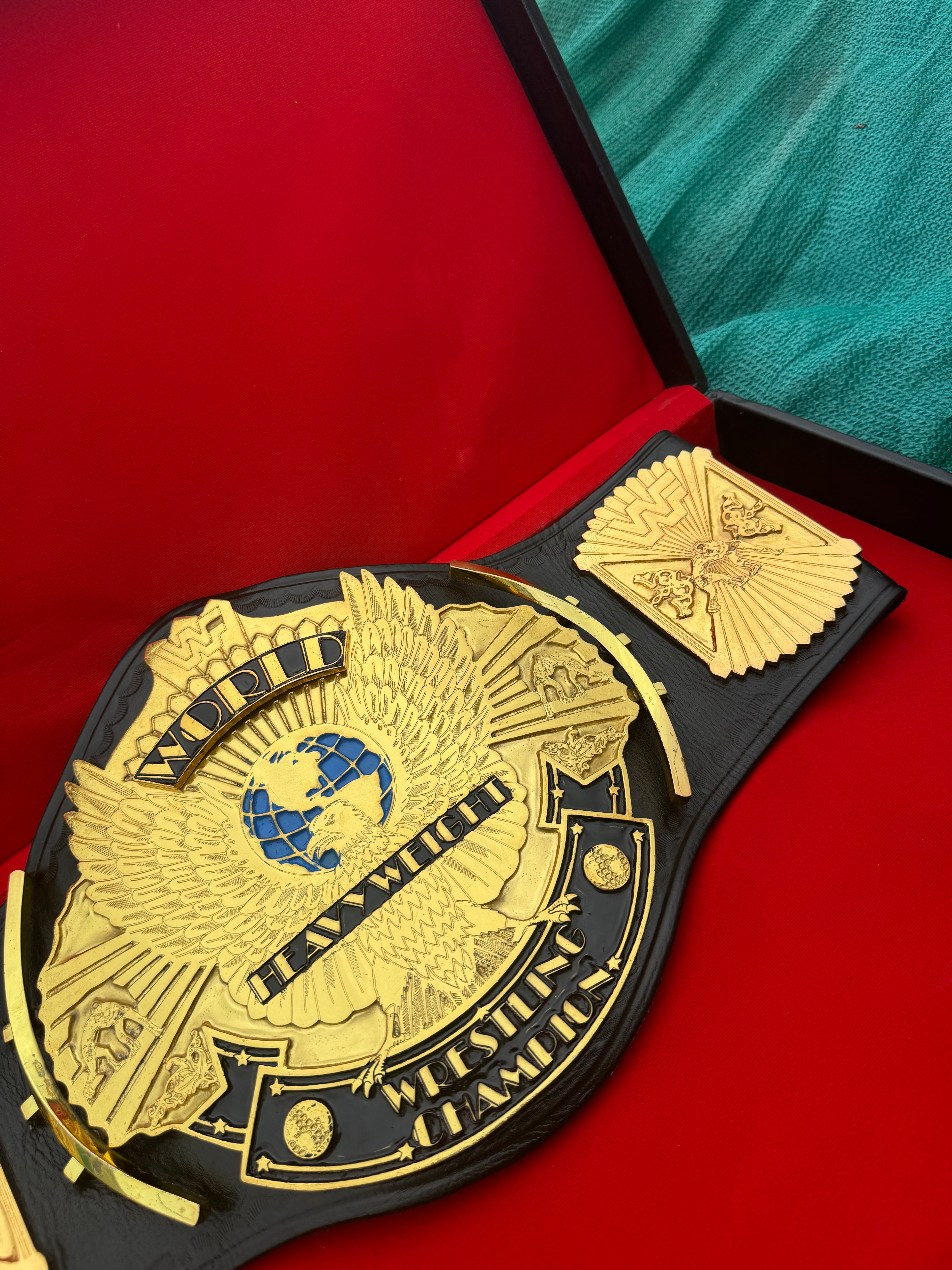 Wwf winged eagle 4mm zinc metal plates double lyre original cowhide leather strap with belt brief case