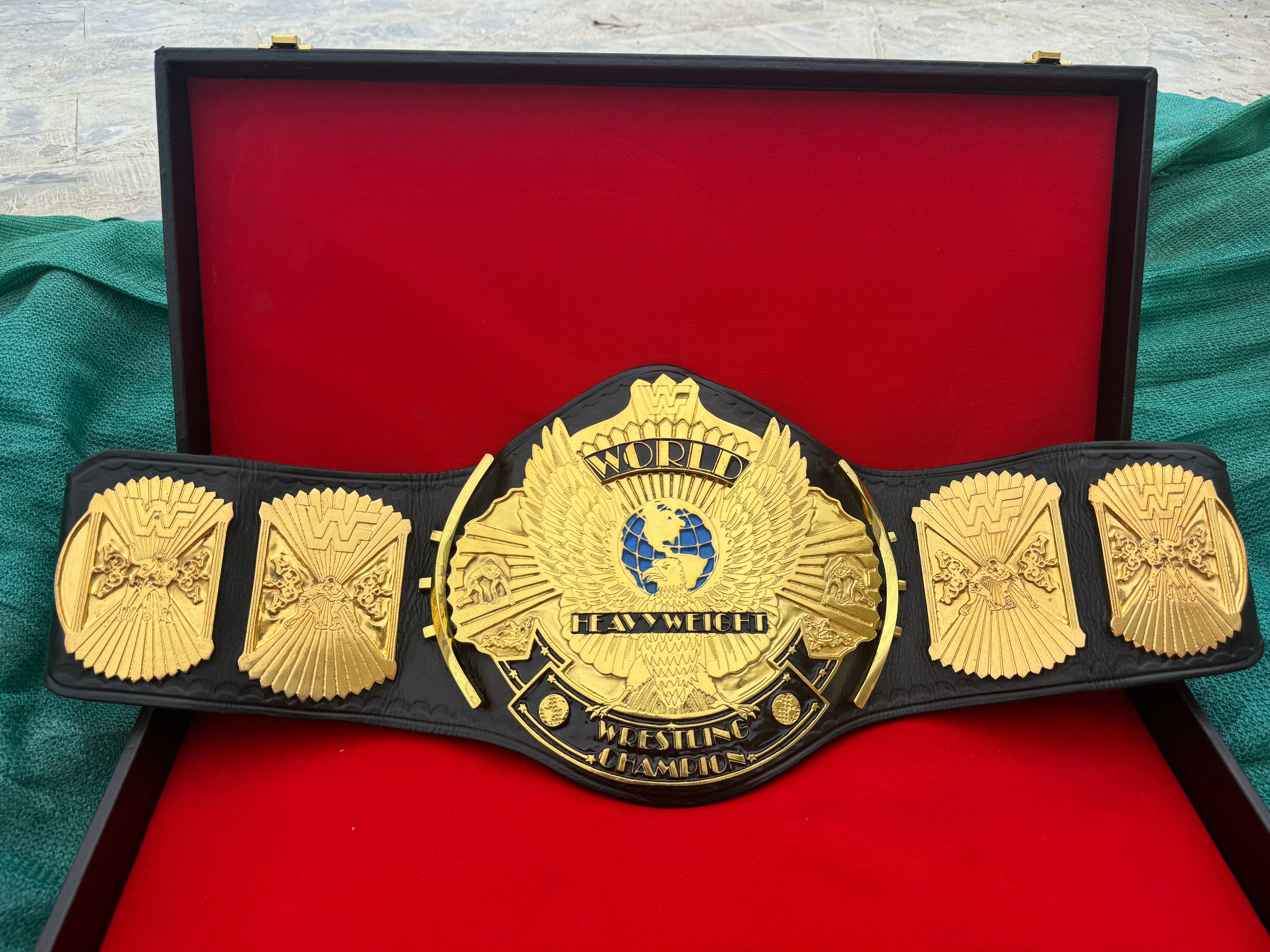 Wwf winged eagle 4mm zinc metal plates double lyre original cowhide leather strap with belt brief case