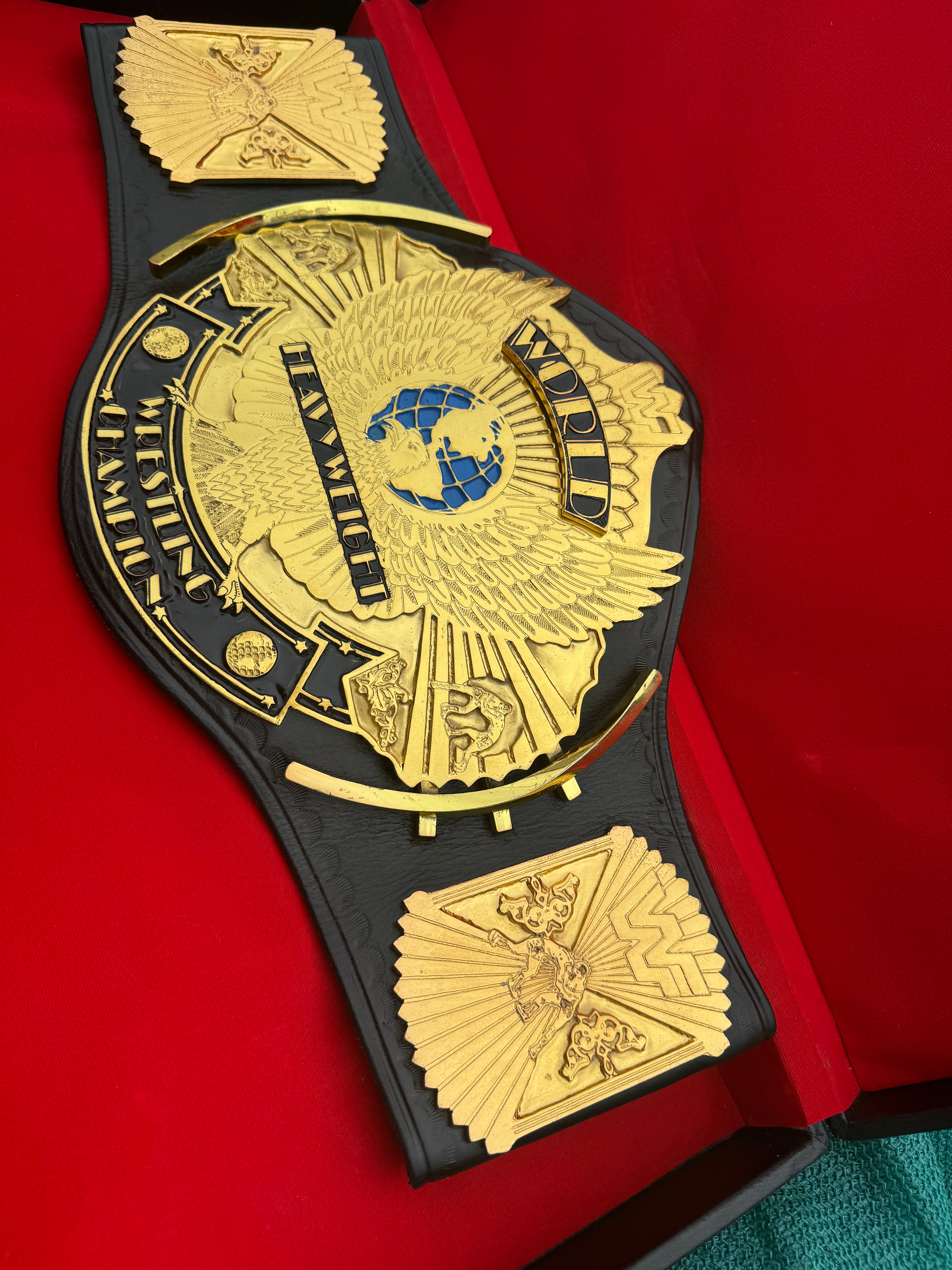 Wwf winged eagle 4mm zinc metal plates double lyre original cowhide leather strap with belt brief case