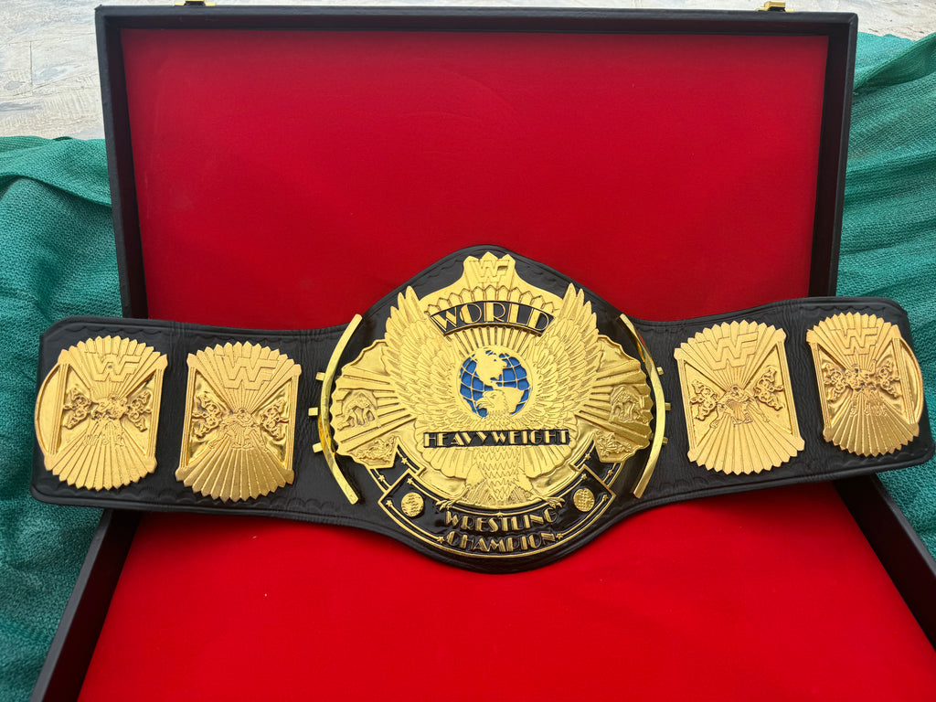 Wwf winged eagle 4mm zinc metal plates double lyre original cowhide leather strap with belt brief case
