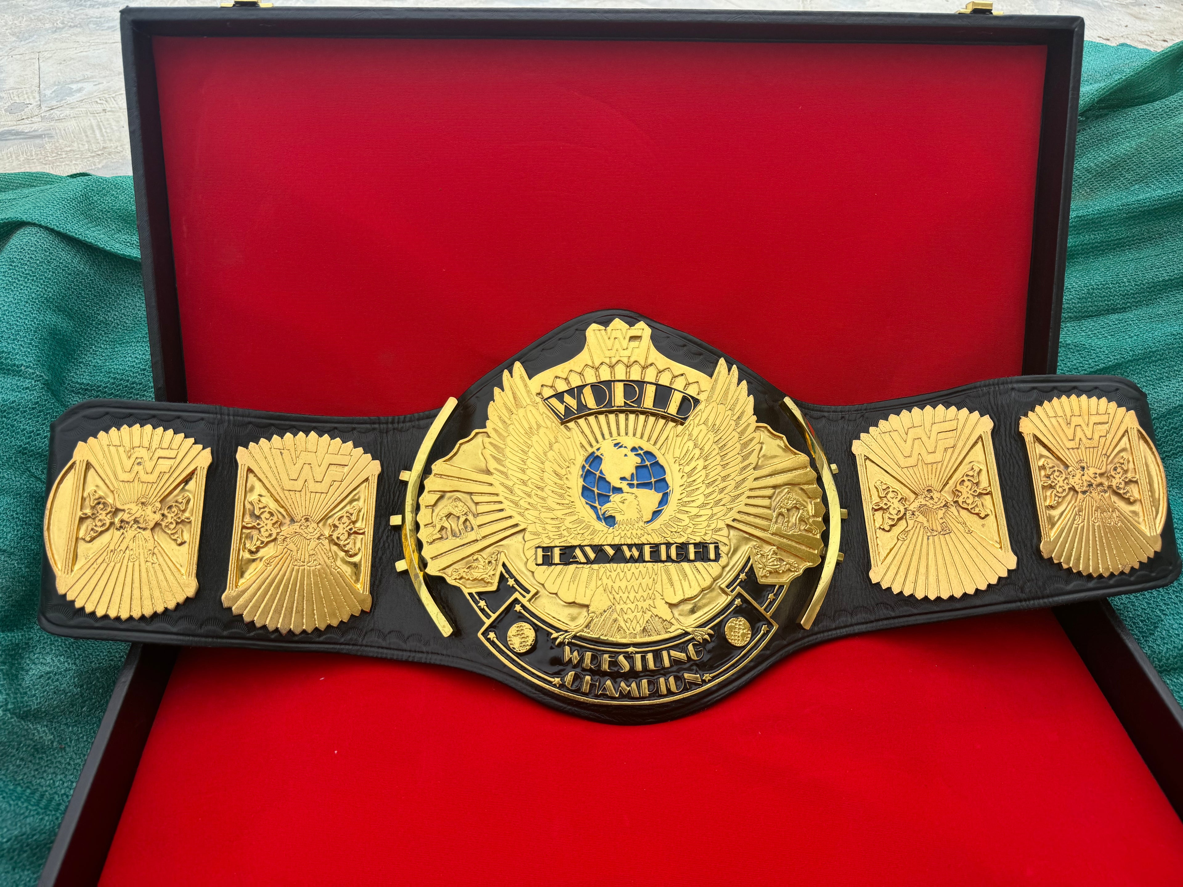 Wwf winged eagle 4mm zinc metal plates double lyre original cowhide leather strap with belt brief case