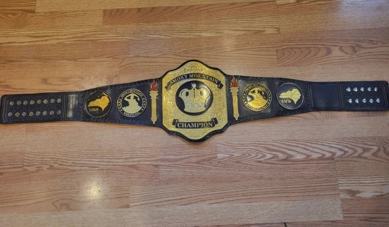 smoky mountain wrestling heavyweight title belt 4mm zinc 24k gold hand tooled leather strap