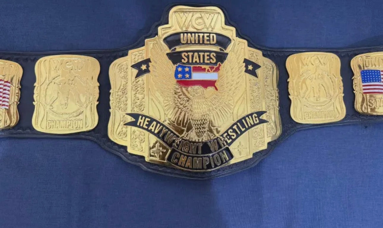 WCW UNITED STATES Championship Heavy Weight Title Replica Belt 4mm Zinc Adult Size 24k gold original cowhide floppy leather strap with hand tooled