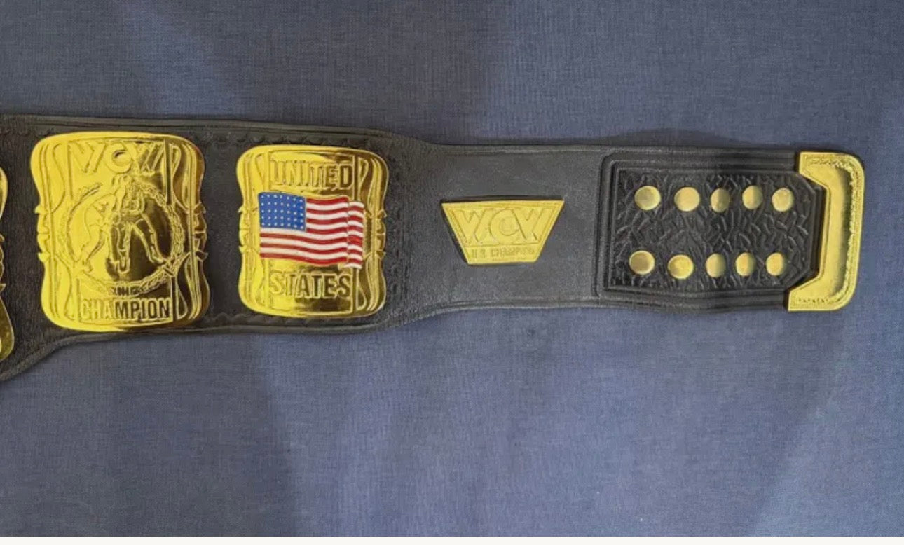 WCW UNITED STATES Championship Heavy Weight Title Replica Belt 4mm Zinc Adult Size 24k gold original cowhide floppy leather strap with hand tooled