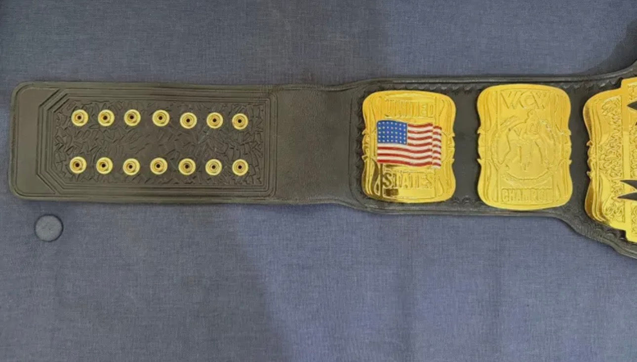 WCW UNITED STATES Championship Heavy Weight Title Replica Belt 4mm Zinc Adult Size 24k gold original cowhide floppy leather strap with hand tooled