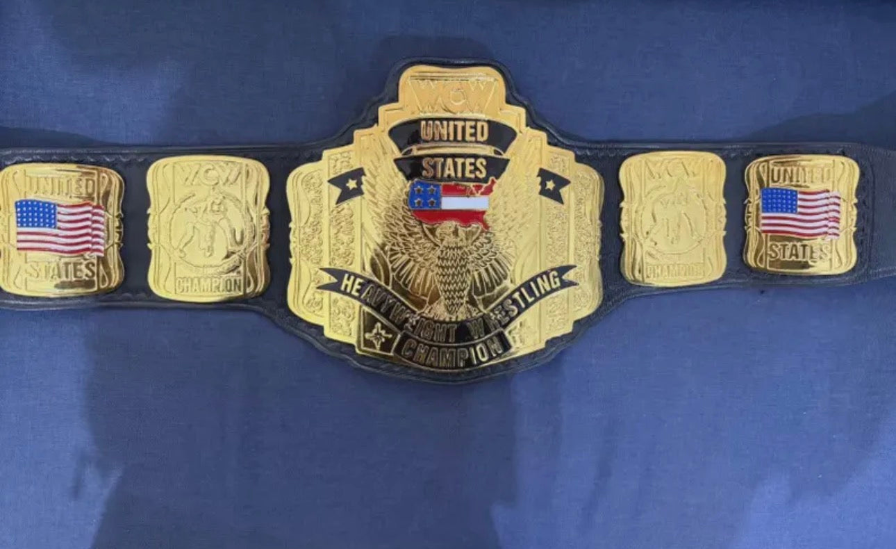 WCW UNITED STATES Championship Heavy Weight Title Replica Belt 4mm Zinc Adult Size 24k gold original cowhide floppy leather strap with hand tooled
