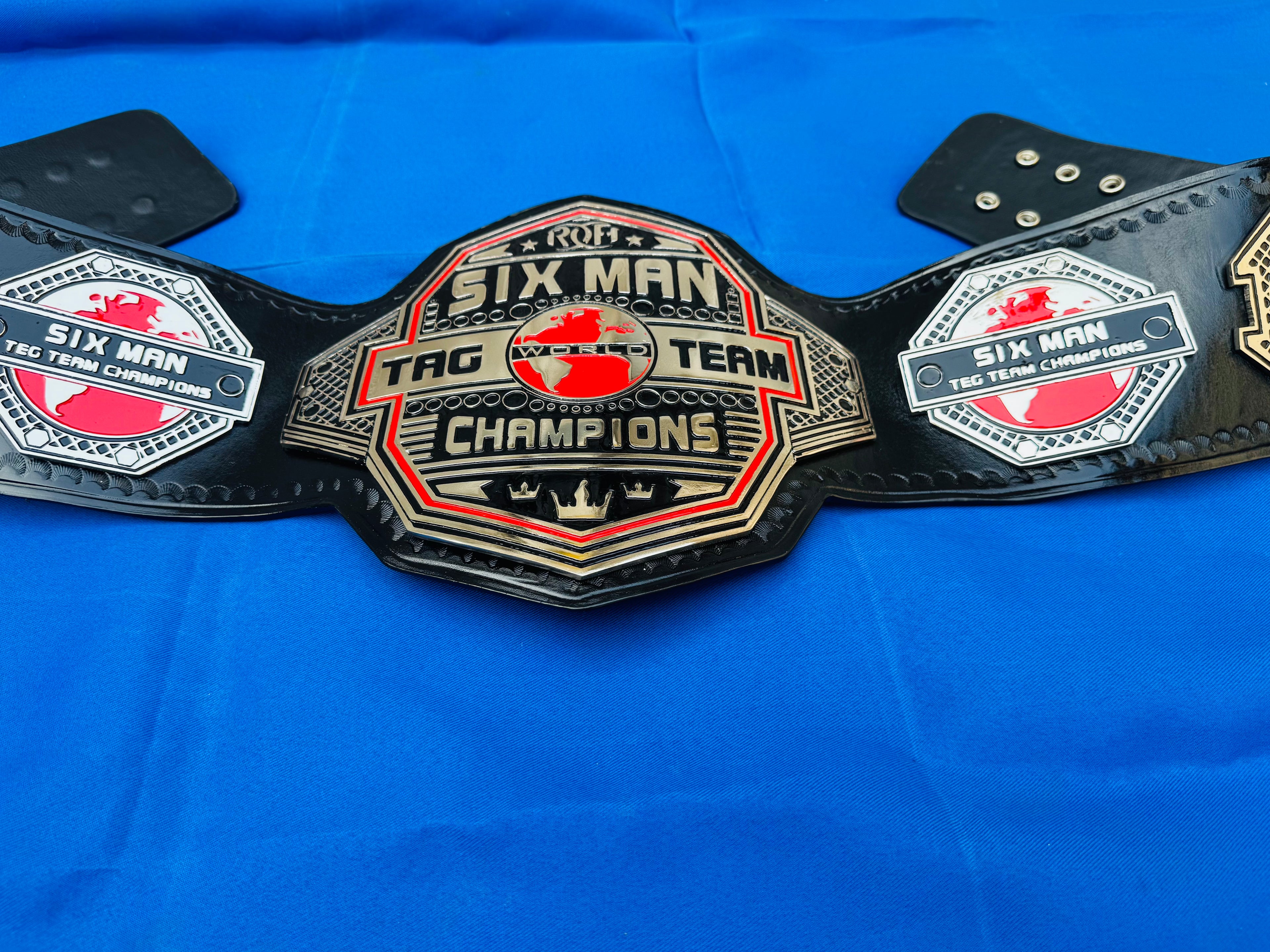 ROH Six Man Tag Team Championship Replica Belt – 4mm Zinc Plates | 24K Gold Plated | Hand Tooled Genuine Leather Adult size wrestling belt
