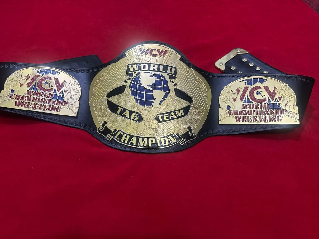 WCW Champion Belt World Tag Team World Wrestling Championship Belt 4MM Zinc Adult - Gold Plating - Genuine Leather
