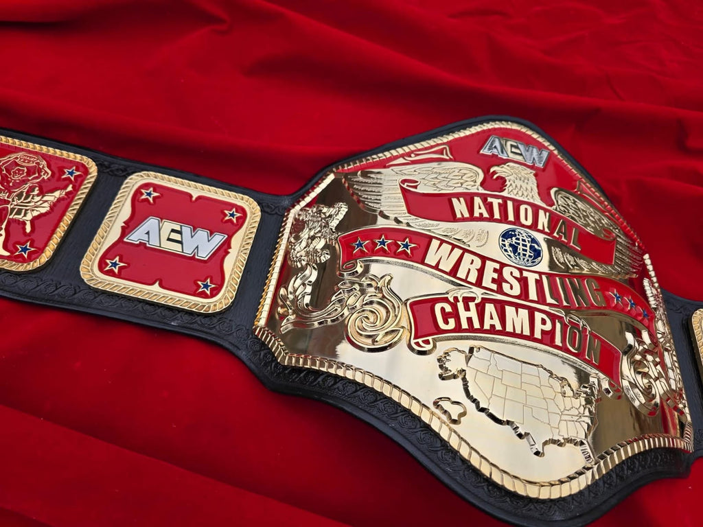 Premium CNC 3D AEW National Championship Belt Adults  4MM 24K Gold Real Leather Hand Tooling