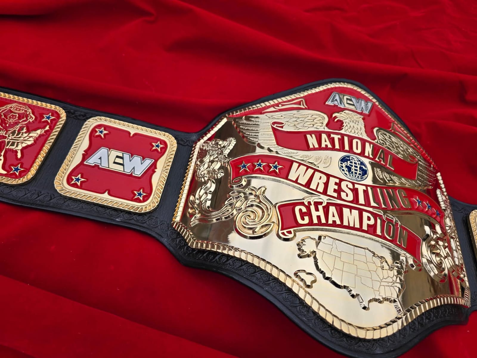 Premium CNC 3D AEW National Championship Belt Adults  4MM 24K Gold Real Leather Hand Tooling