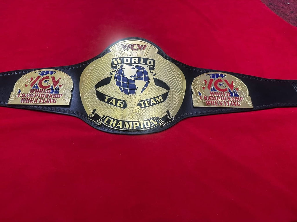 WCW Champion Belt World Tag Team World Wrestling Championship Belt 4MM Zinc Adult - Gold Plating - Genuine Leather