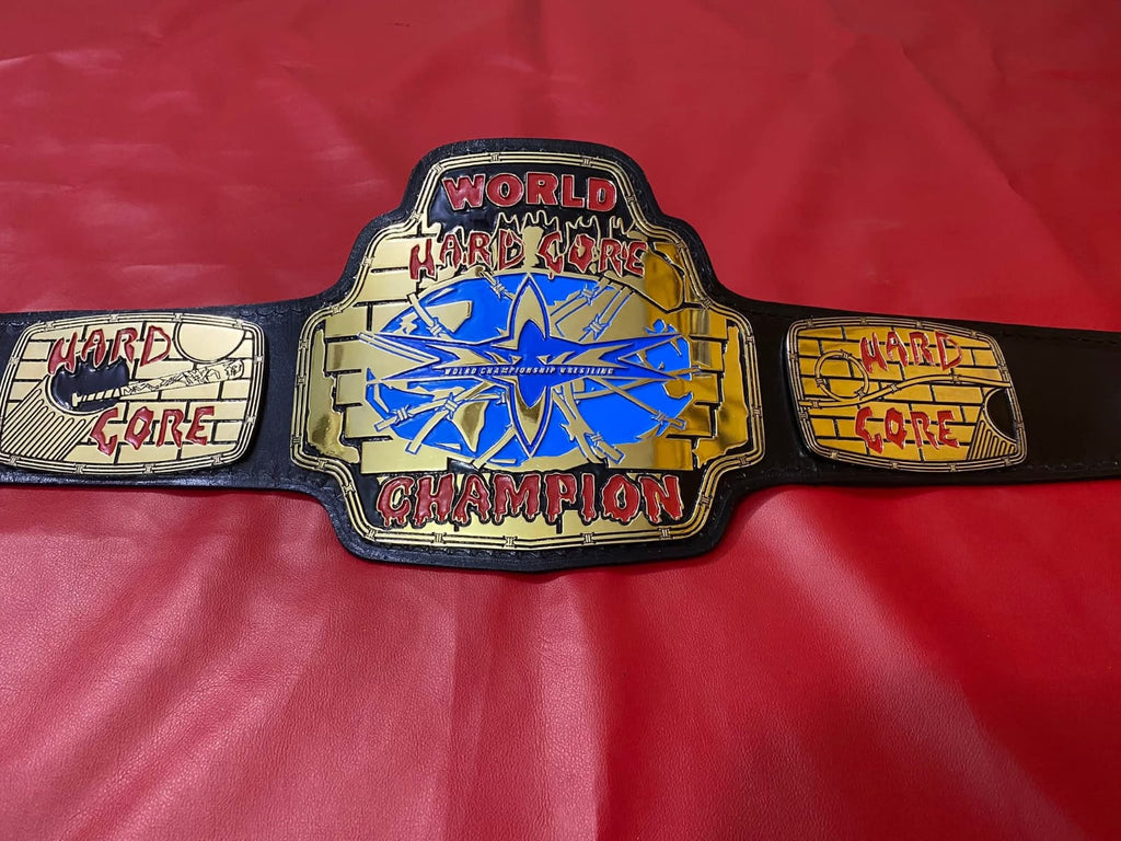 WCW World Hard Core Wrestling Belt 4mm zinc plates Real Leather Strap Replica Belt - Gold Plating - Genuine Leather
