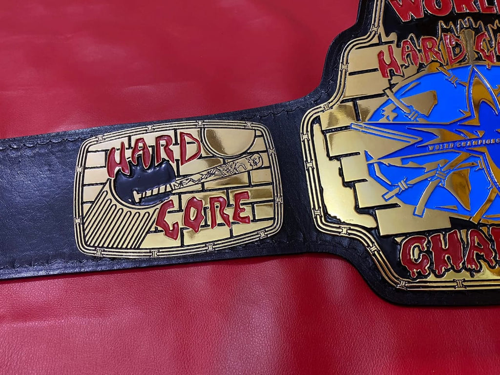 WCW World Hard Core Wrestling Belt 4mm zinc plates Real Leather Strap Replica Belt - Gold Plating - Genuine Leather