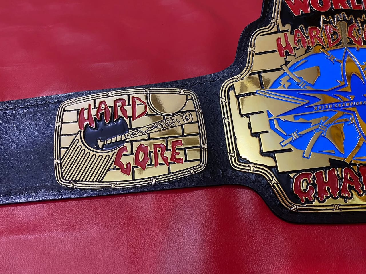 WCW World Hard Core Wrestling Belt 4mm zinc plates Real Leather Strap Replica Belt - Gold Plating - Genuine Leather