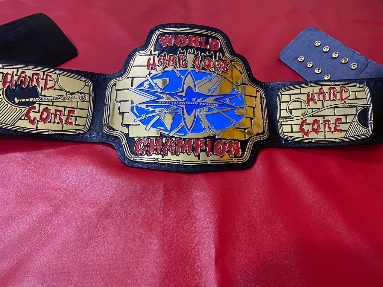 WCW World Hard Core Wrestling Belt 4mm zinc plates Real Leather Strap Replica Belt - Gold Plating - Genuine Leather