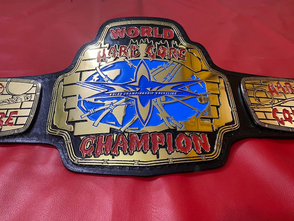 WCW World Hard Core Wrestling Belt 4mm zinc plates Real Leather Strap Replica Belt - Gold Plating - Genuine Leather