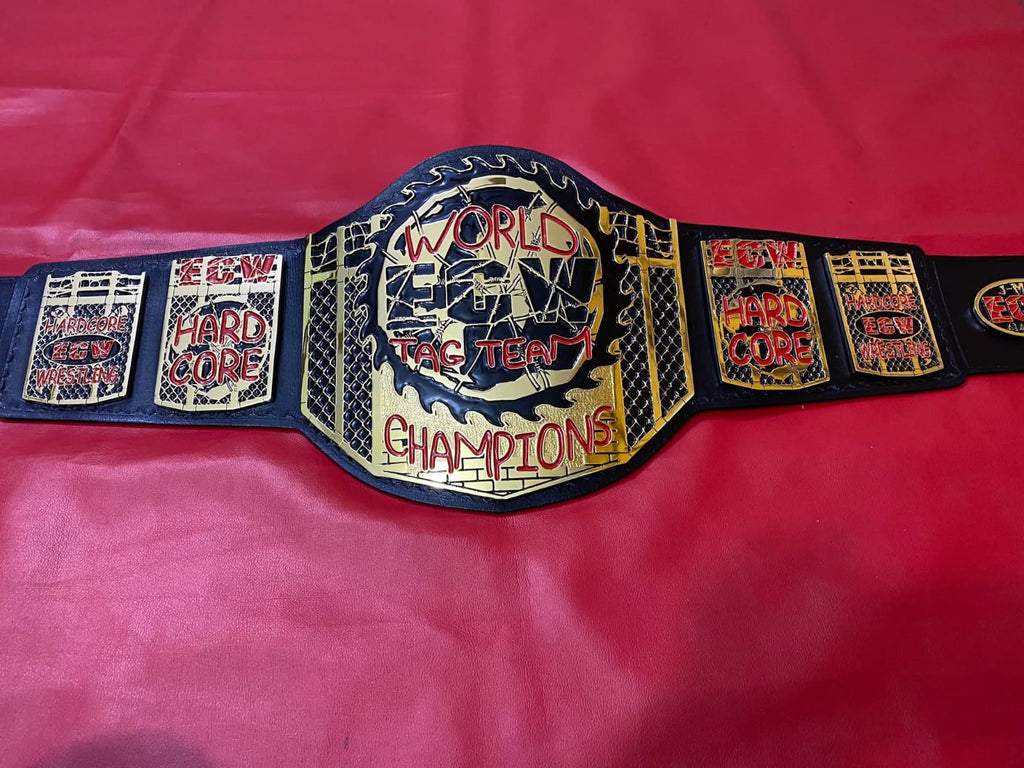 World ECW Tag Team Champions Zinc materiel 4mm thickness plates deep clean engraving upgrade cowhide floppy leather strap