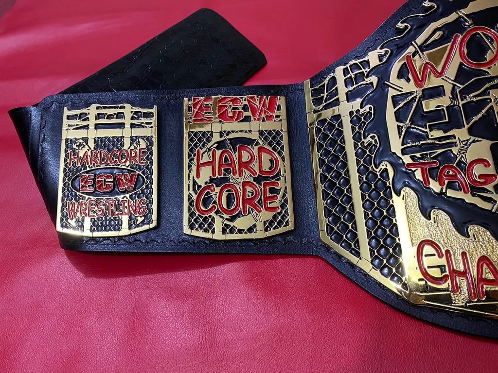 World ECW Tag Team Champions Zinc materiel 4mm thickness plates deep clean engraving upgrade cowhide floppy leather strap