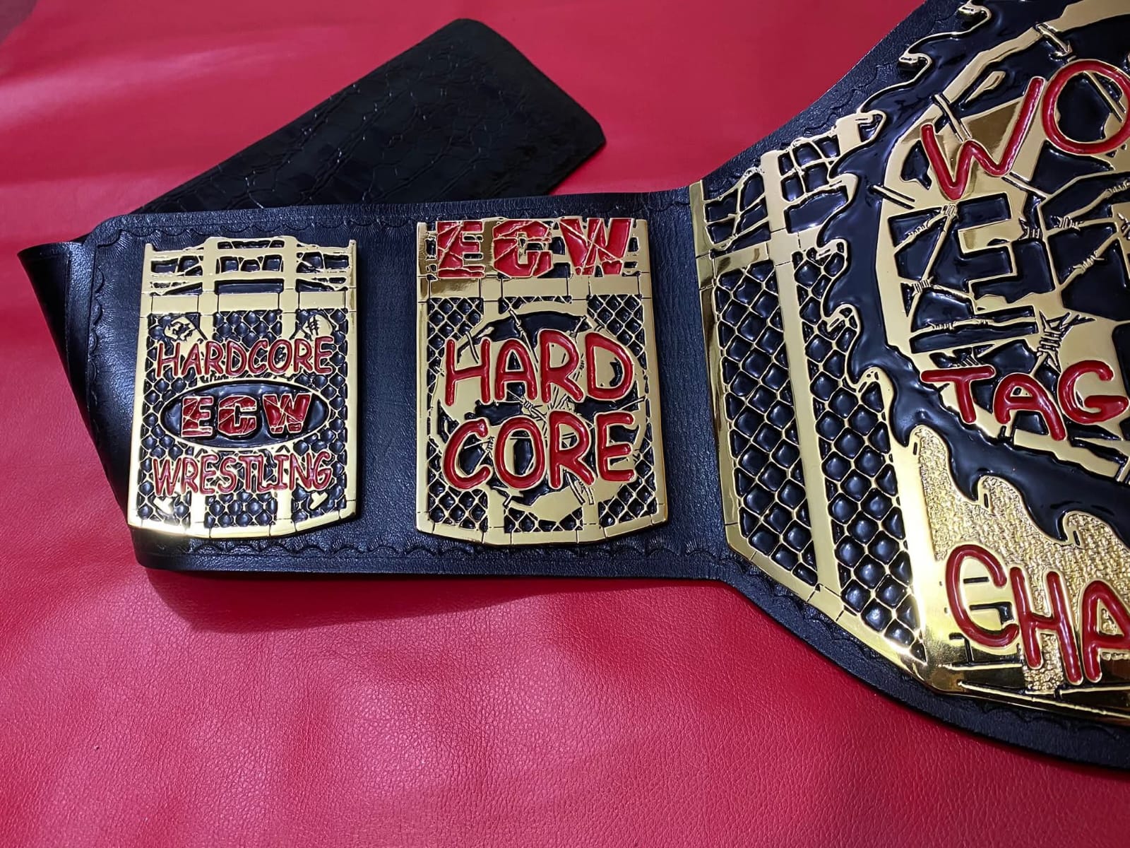 World ECW Tag Team Champions Zinc materiel 4mm thickness plates deep clean engraving upgrade cowhide floppy leather strap