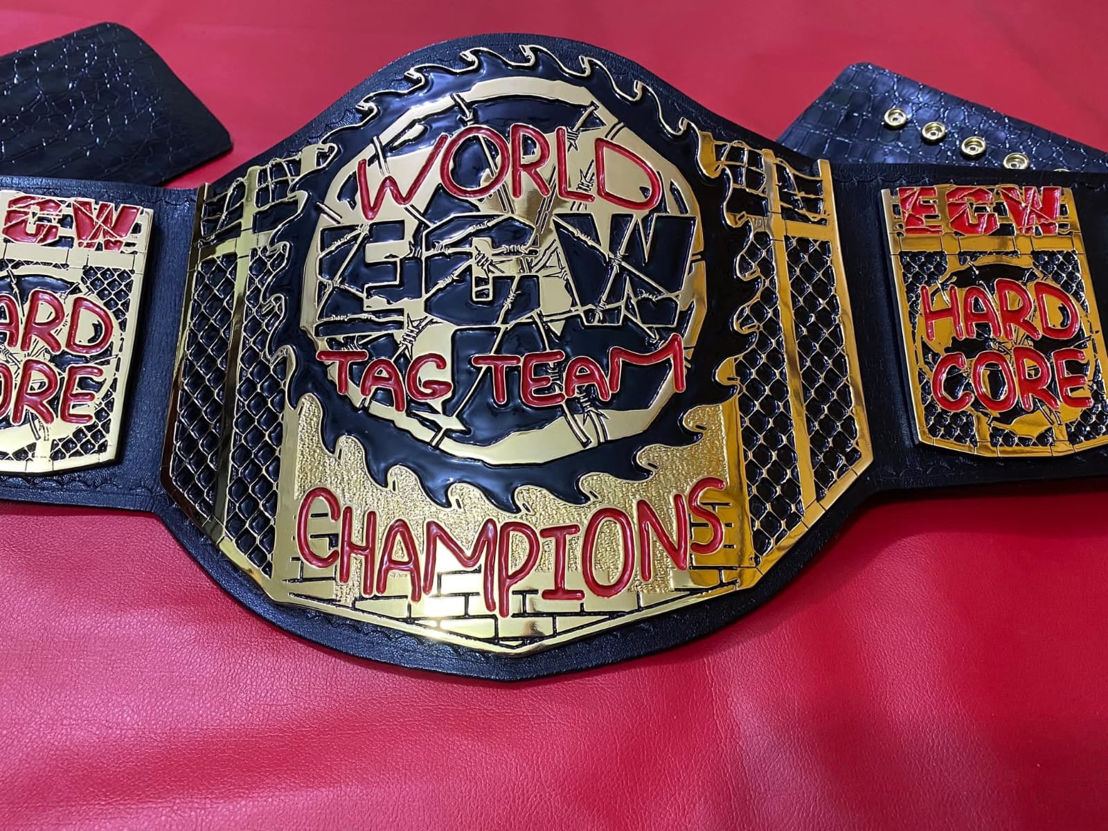 World ECW Tag Team Champions Zinc materiel 4mm thickness plates deep clean engraving upgrade cowhide floppy leather strap
