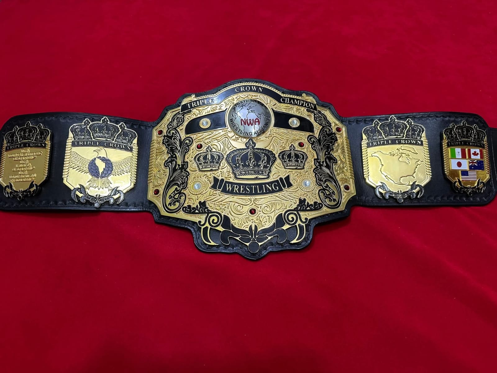 NWA Tripe Crown Wrestling Championship Belt IN 4MM Zinc 24KT Gold plated !