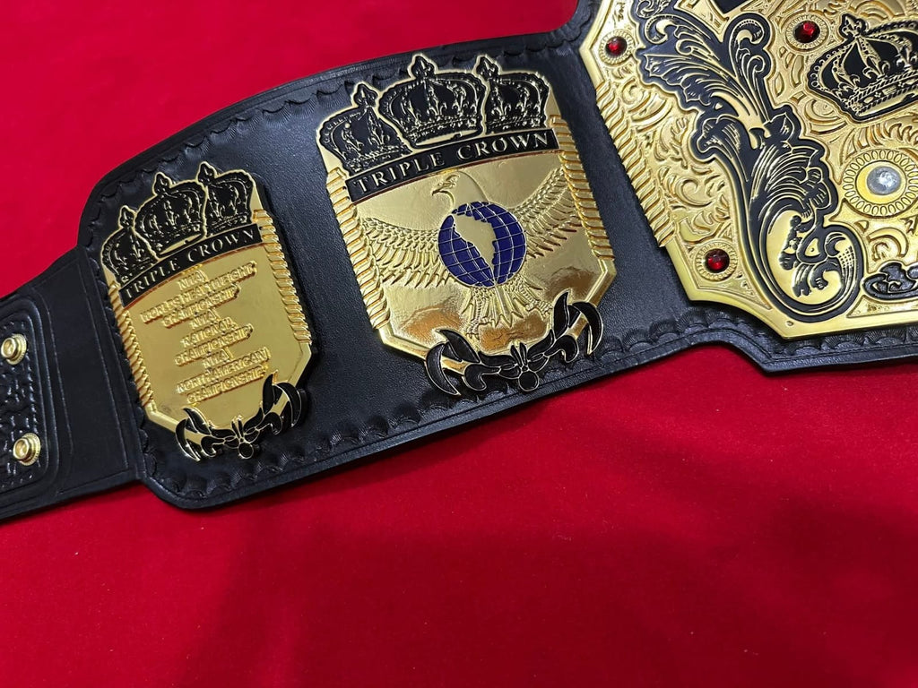 NWA Tripe Crown Wrestling Championship Belt IN 4MM Zinc 24KT Gold plated !