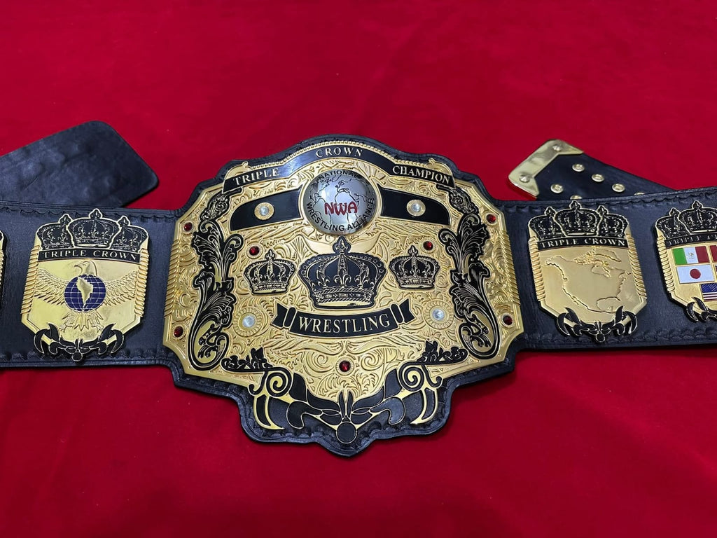 NWA Tripe Crown Wrestling Championship Belt IN 4MM Zinc 24KT Gold plated !