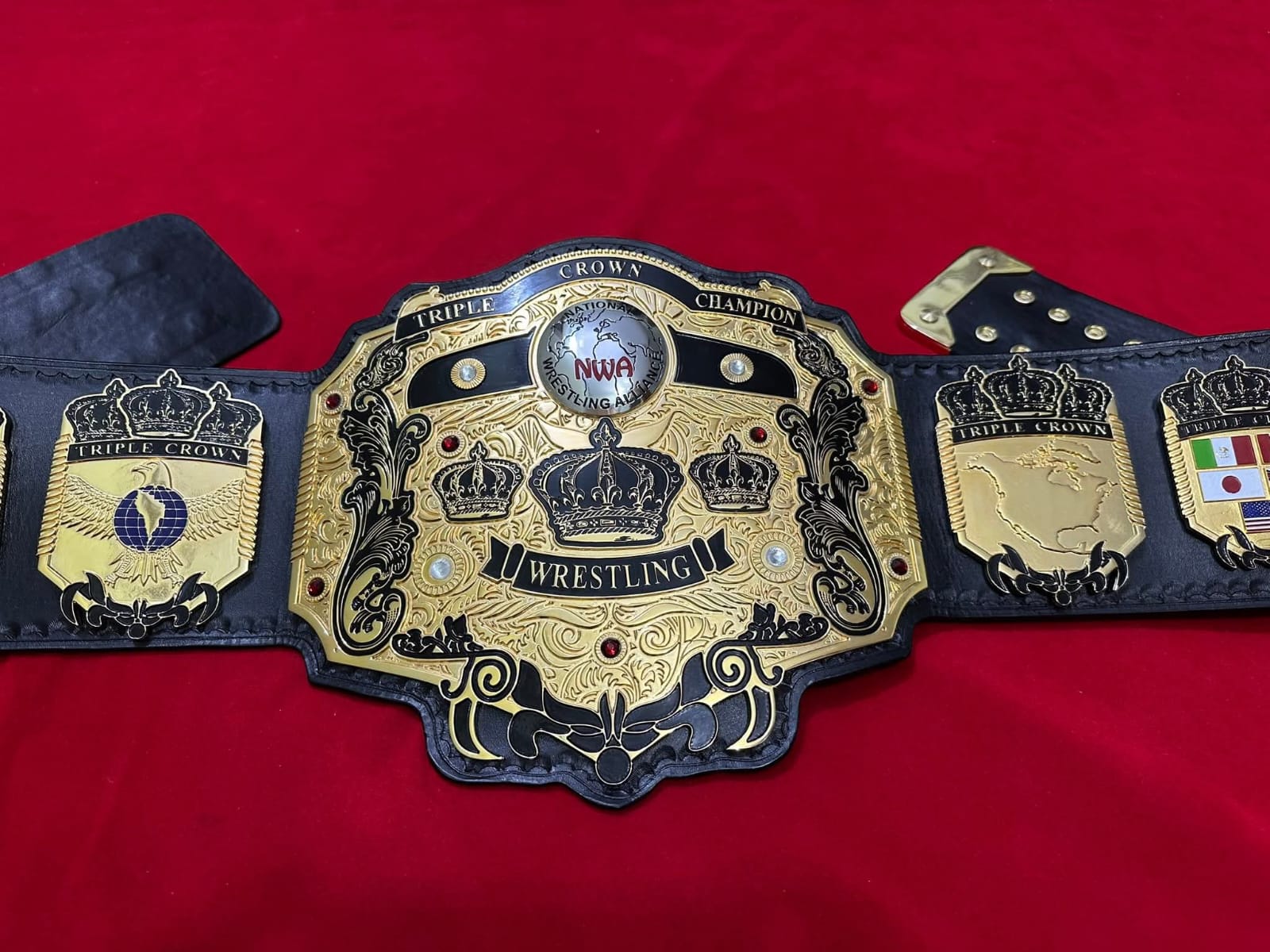NWA Tripe Crown Wrestling Championship Belt IN 4MM Zinc 24KT Gold plated !