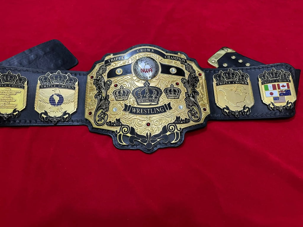 NWA Tripe Crown Wrestling Championship Belt IN 4MM Zinc 24KT Gold plated !