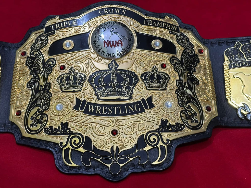 NWA Tripe Crown Wrestling Championship Belt IN 4MM Zinc 24KT Gold plated !