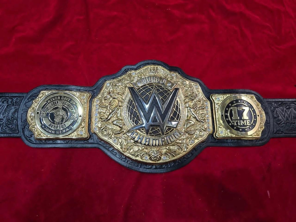 Premium World Heavyweight Championship belt, featuring customized side plates celebrating John Cena's 17th championship
