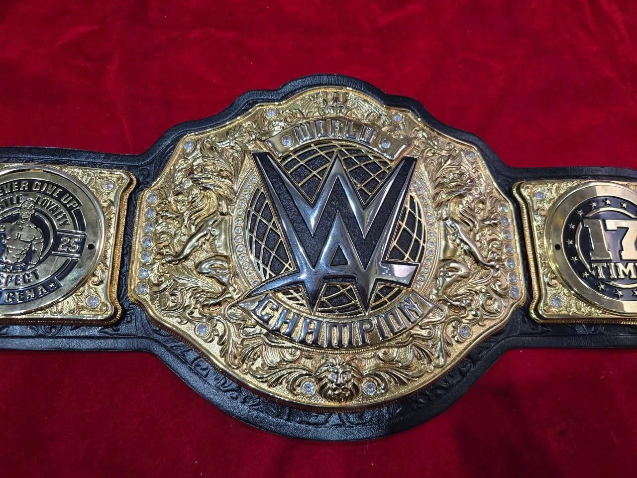 Premium World Heavyweight Championship belt, featuring customized side plates celebrating John Cena's 17th championship