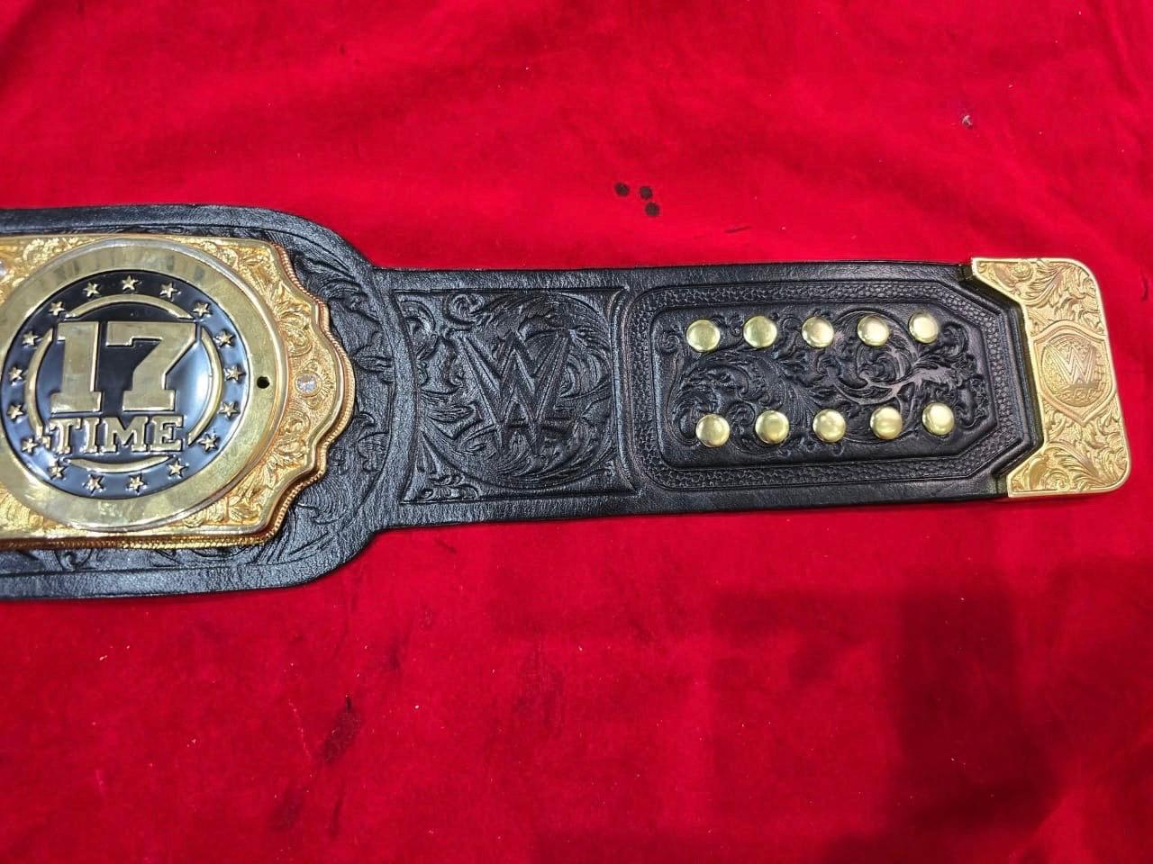 Premium World Heavyweight Championship belt, featuring customized side plates celebrating John Cena's 17th championship
