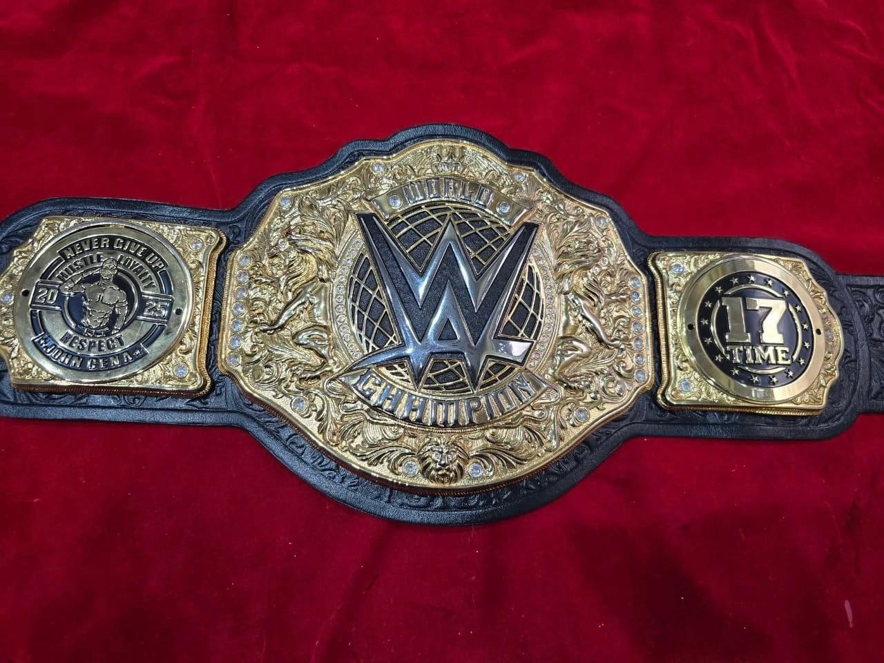 Premium World Heavyweight Championship belt, featuring customized side plates celebrating John Cena's 17th championship