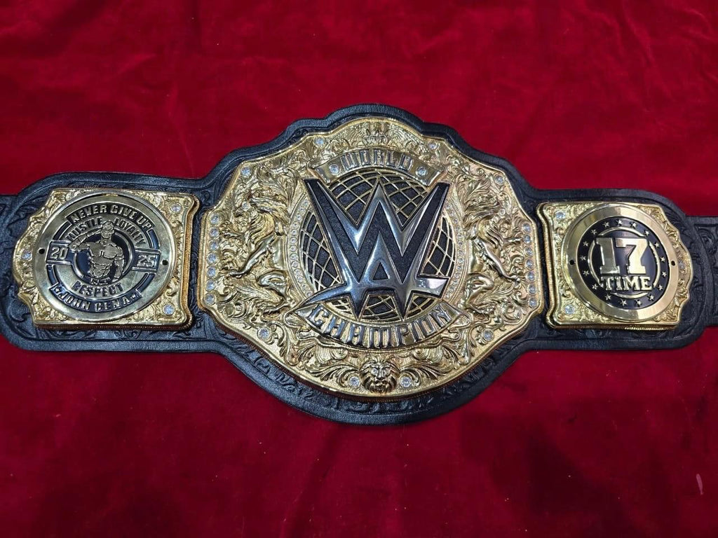 Premium World Heavyweight Championship belt, featuring customized side plates celebrating John Cena's 17th championship