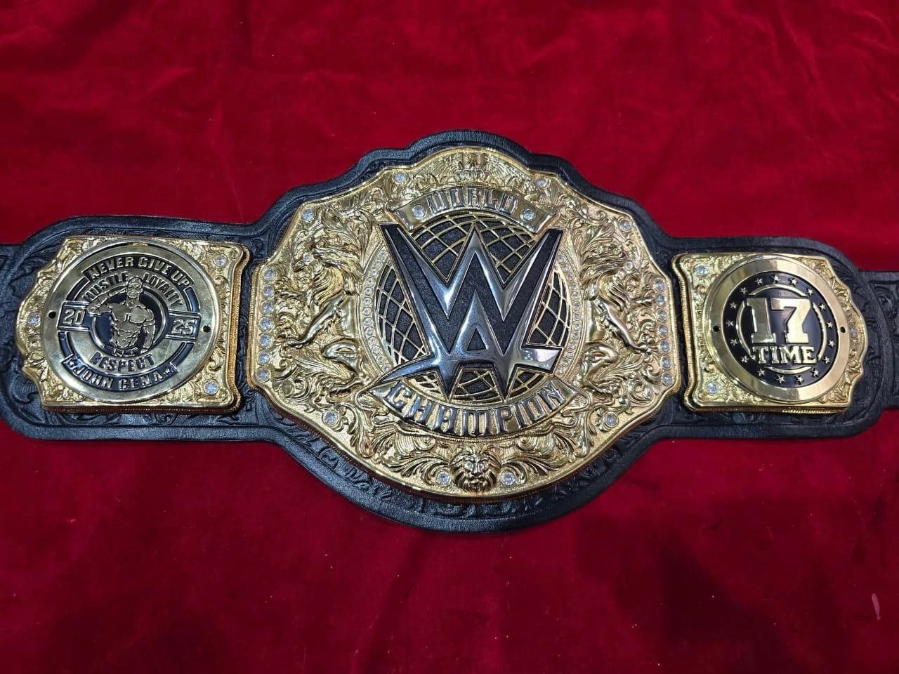 Premium World Heavyweight Championship belt, featuring customized side plates celebrating John Cena's 17th championship