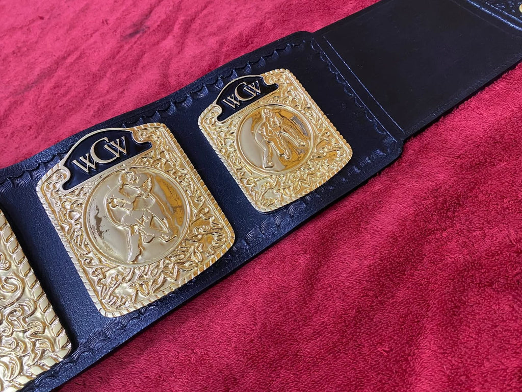 WCW World Television Championship Belt Adult Size 4mm Zinc - Gold Plating - 100% Genuine Cowhide Leather Strap
