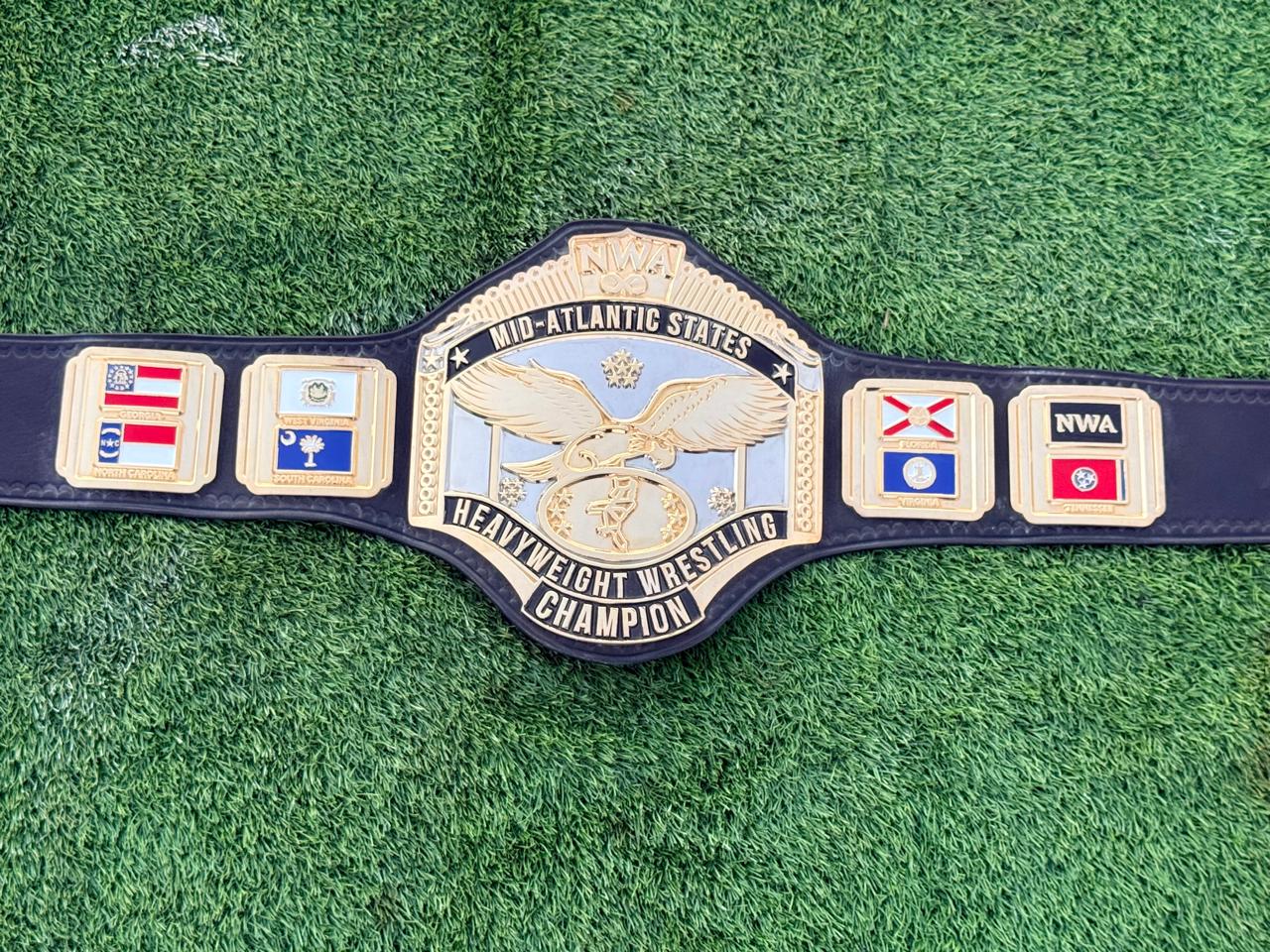 Premium CNC 3D NWA Mid-Atlantic Heavyweight Championship belt 24K Gold Dual Adults Size