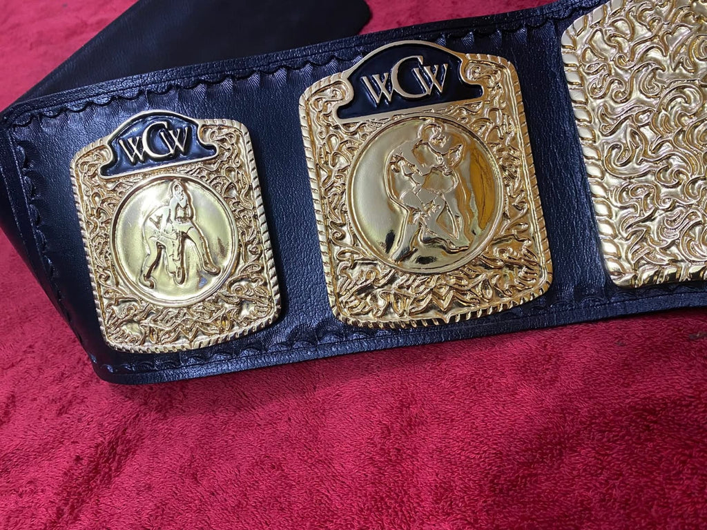 WCW World Television Championship Belt Adult Size 4mm Zinc - Gold Plating - 100% Genuine Cowhide Leather Strap