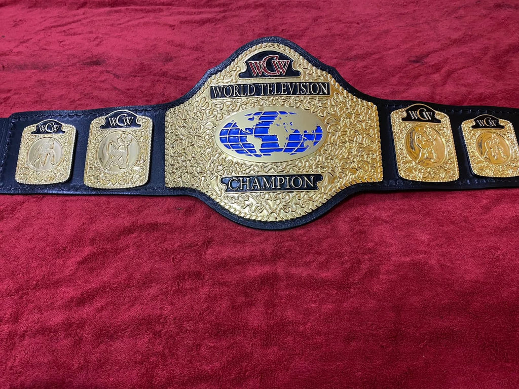 WCW World Television Championship Belt Adult Size 4mm Zinc - Gold Plating - 100% Genuine Cowhide Leather Strap