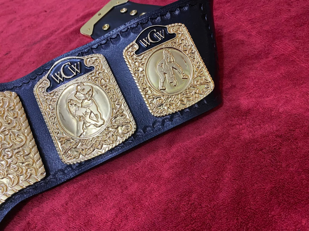 WCW World Television Championship Belt Adult Size 4mm Zinc - Gold Plating - 100% Genuine Cowhide Leather Strap