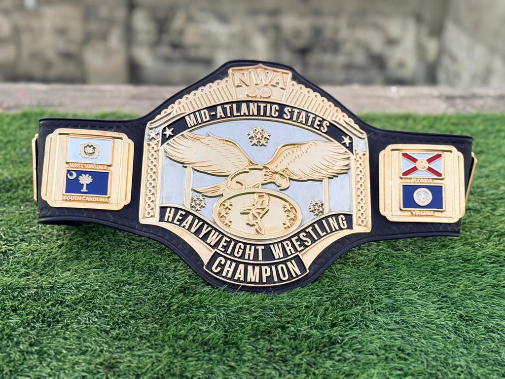 Premium CNC 3D NWA Mid-Atlantic Heavyweight Championship belt 24K Gold Dual Adults Size