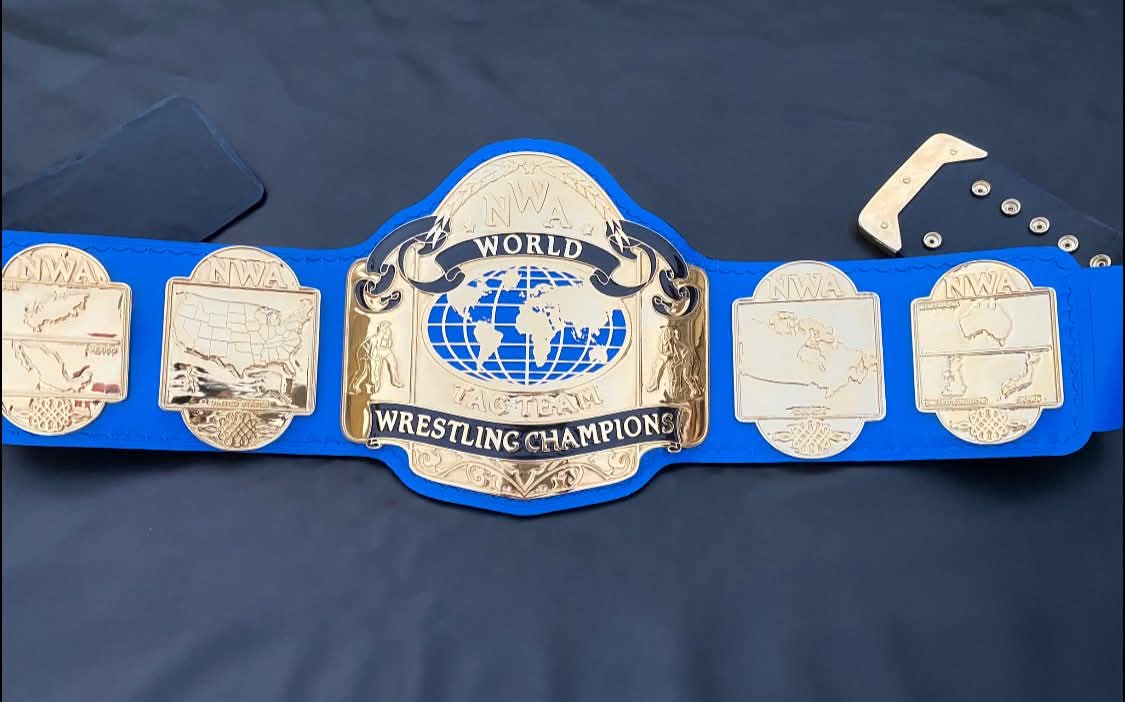 NWA World Tag Team wrestling Championship belt,4mm Zinc,Gold Plated.Real Leather
