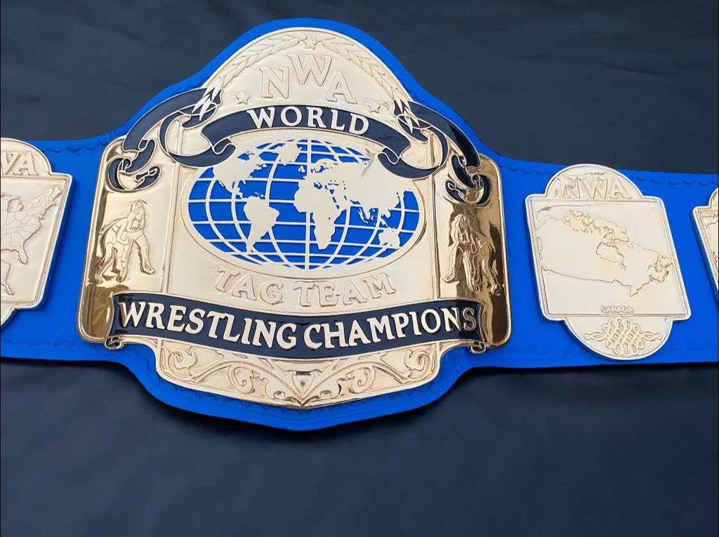NWA World Tag Team wrestling Championship belt,4mm Zinc,Gold Plated.Real Leather
