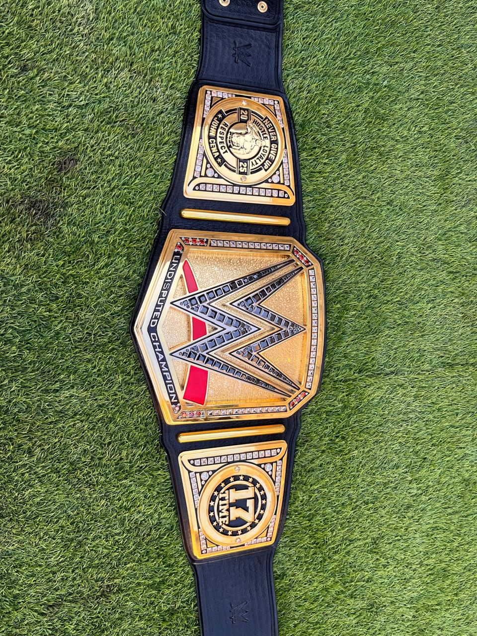 Premium CNC 3D Undisputed Championship replica belt featuring John Cena side plates 24K Gold Hand Tooling Leather