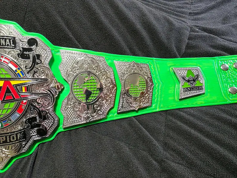 4MM Zinc TNA International Heavyweight Championship Title Belt with Custom Green Strap Adult Size.