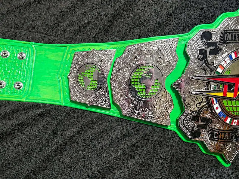 4MM Zinc TNA International Heavyweight Championship Title Belt with Custom Green Strap Adult Size.