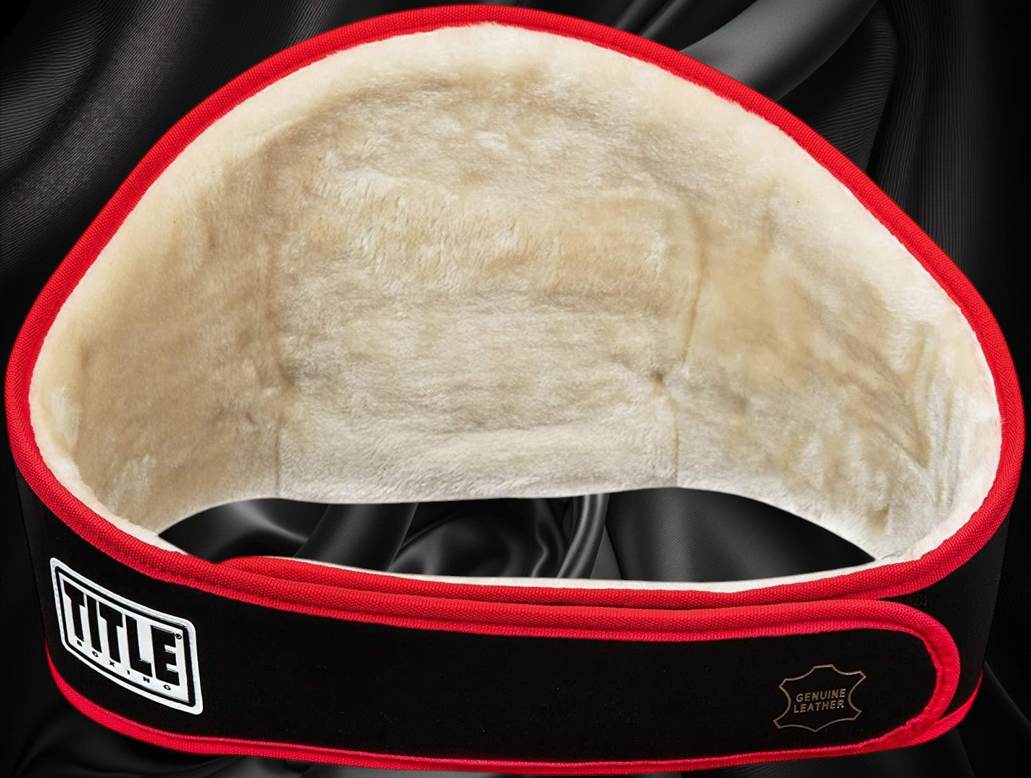 Ottoman Belts TITLE BOXING Force of One championship belt with black leather exterior and soft cream faux fur lining.