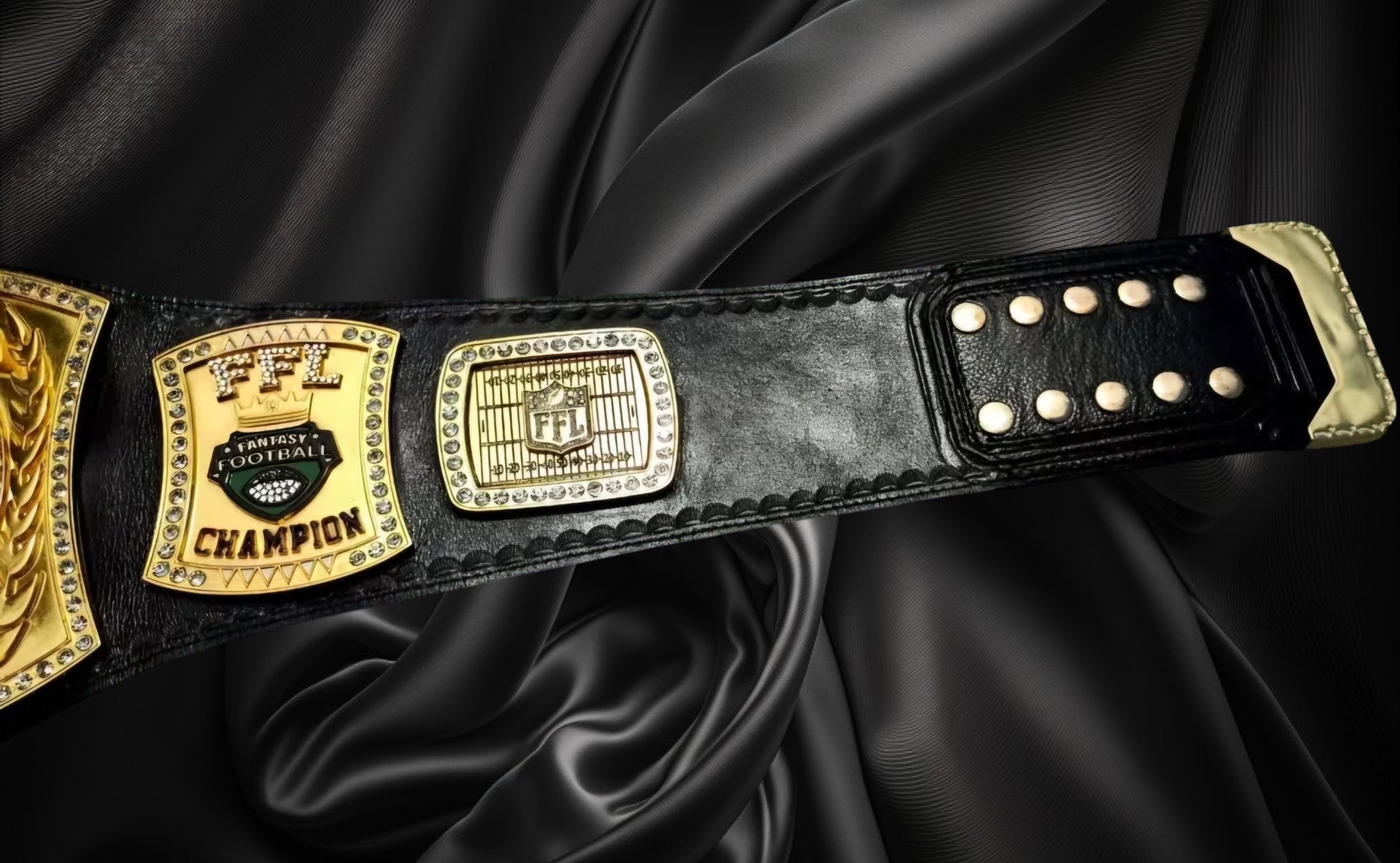 Ottoman Belts fantasy football championship belt with gold plates, crystal accents, and black leather strap