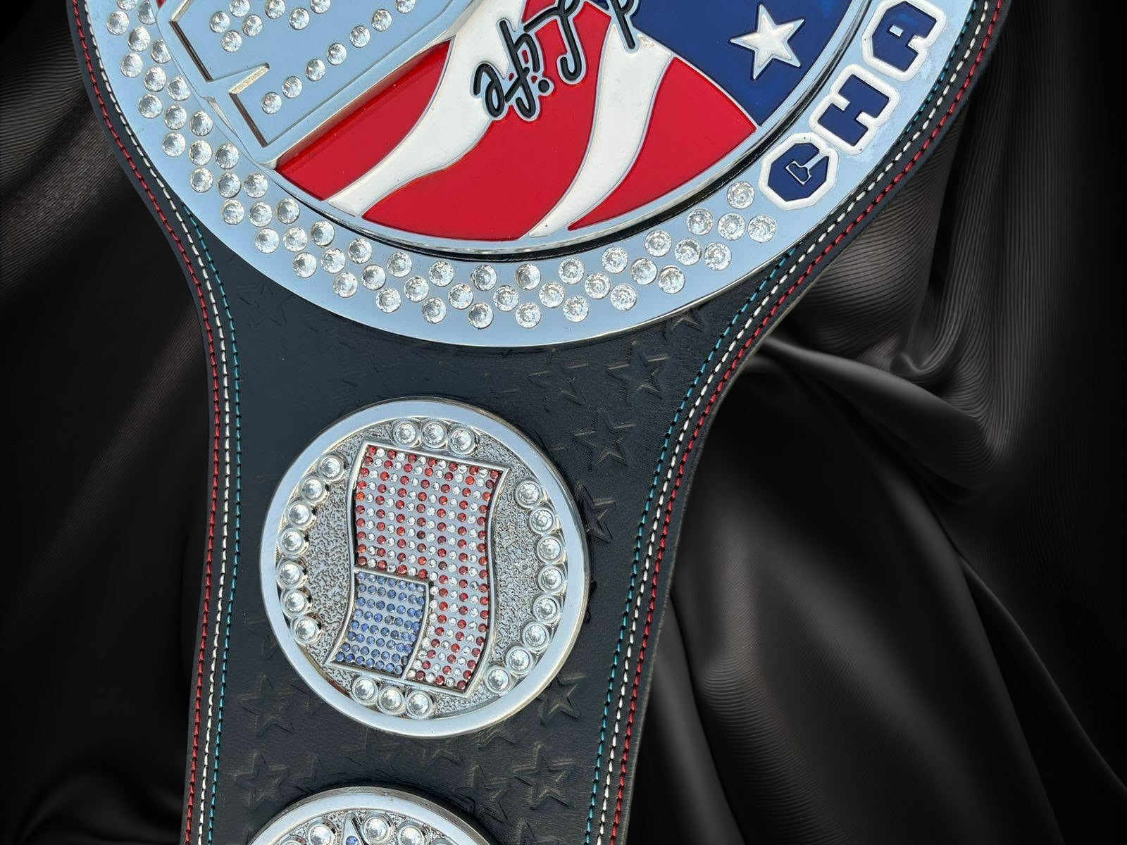 Ottoman Belts John Cena United States spinner replica belt with 4mm brass plates, cubic zirconia stones, and leather strap.